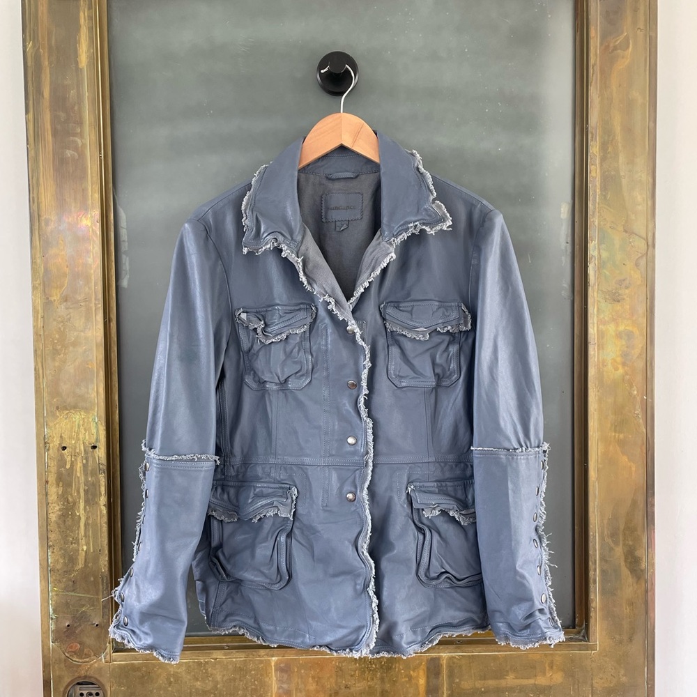 Sundance Blue Gray Genuine Leather Distressed Utility Jacket Size L